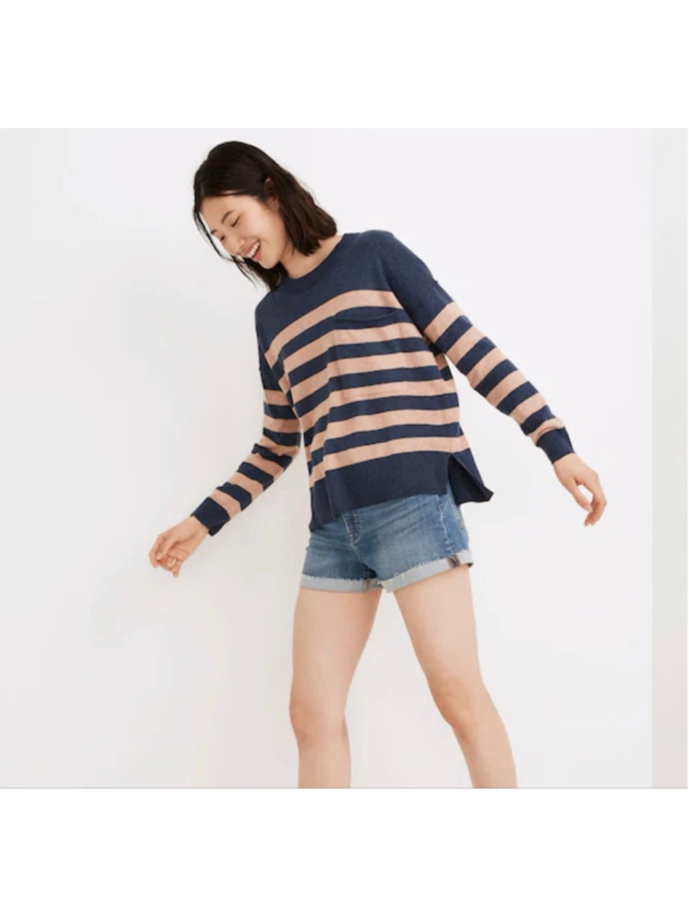 Madewell Linen Cotton Stripe Crew Neck Long Sleeve M Coastal Relaxed Lightweight